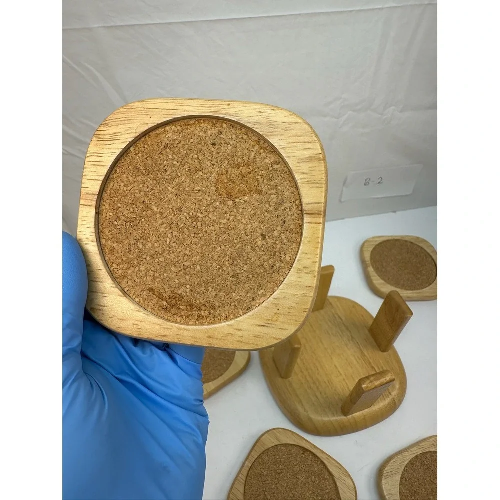 Wooden Coaster Set with Holder 6 Piece‎ Square Cork Inlay Storage Location B-2
